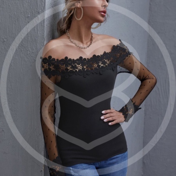 black floral detail off shoulder long sleeve top - Picture 3 of 5